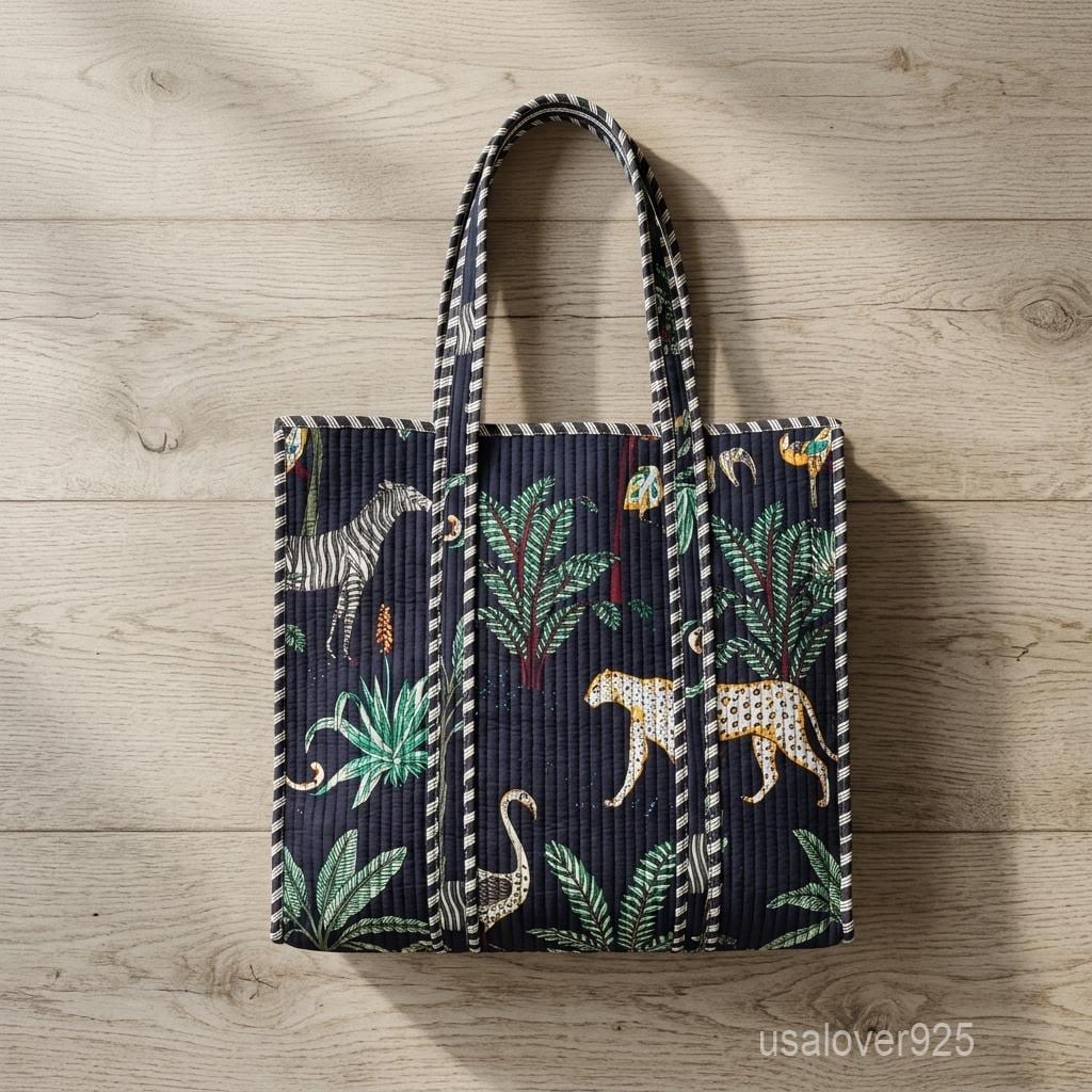 Handmade Quilted Cotton Tote Bag Jungle Safari Leopard Zebra Print Large Beach Shopper