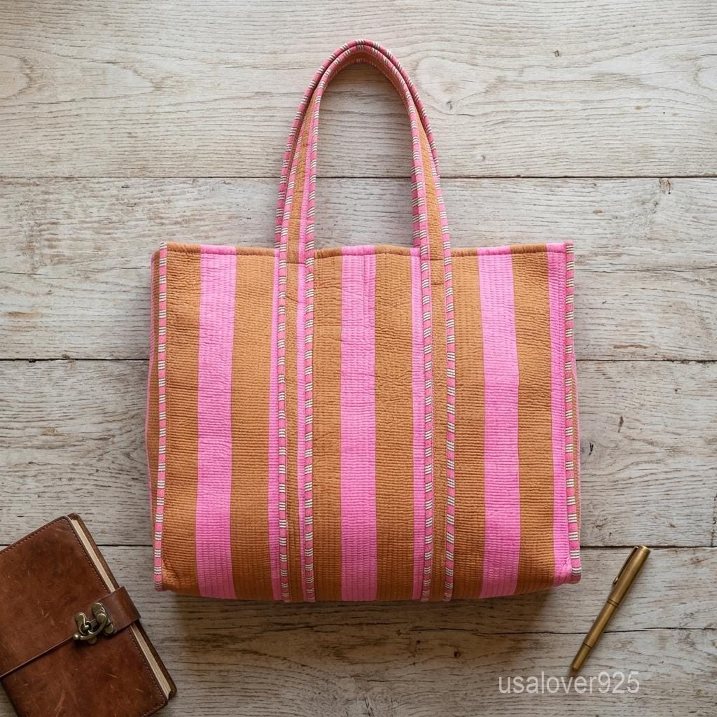 Handmade Pink Brown Stripe Quilted Cotton Tote Bag Large Beach Market Boho Shopper Gift