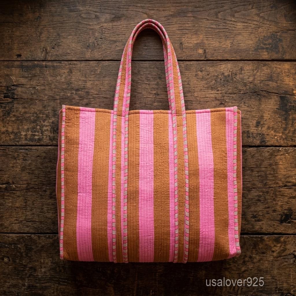 Handmade Pink Brown Stripe Quilted Cotton Tote Bag Large Beach Market Boho Shopper Gift