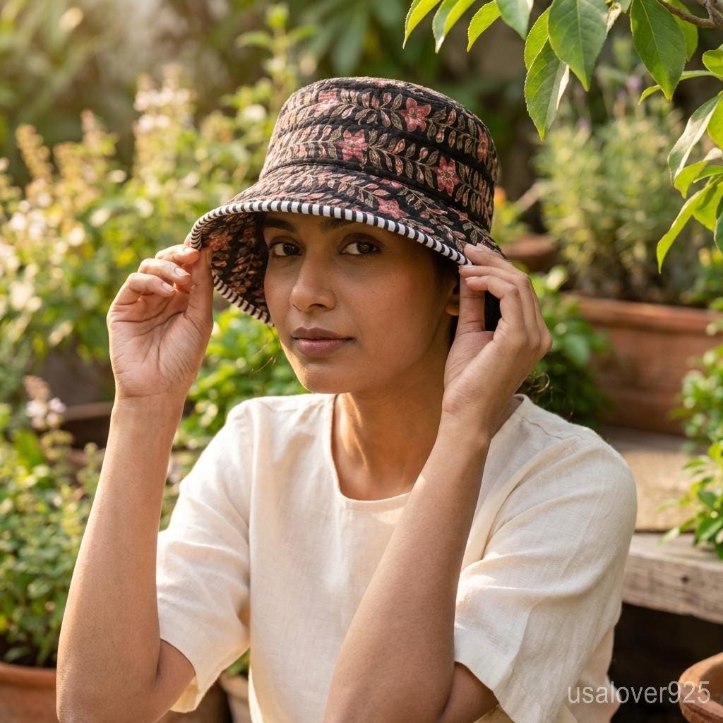Black Floral Quilted Cotton Bucket Hat, Reversible Handmade Boho Summer Beach Cap