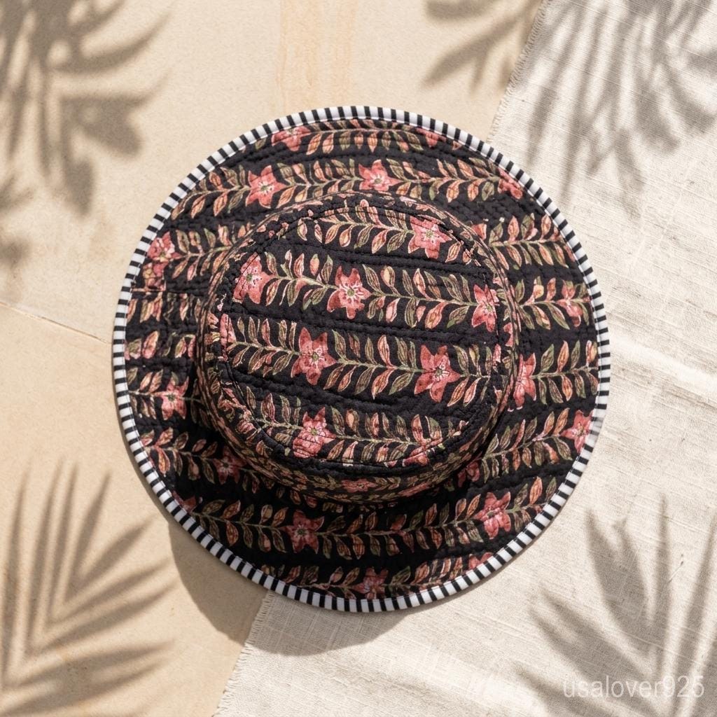 Black Floral Quilted Cotton Bucket Hat, Reversible Handmade Boho Summer Beach Cap