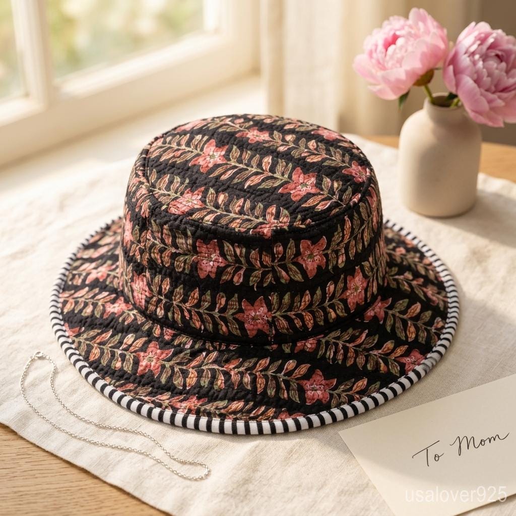 Black Floral Quilted Cotton Bucket Hat, Reversible Handmade Boho Summer Beach Cap