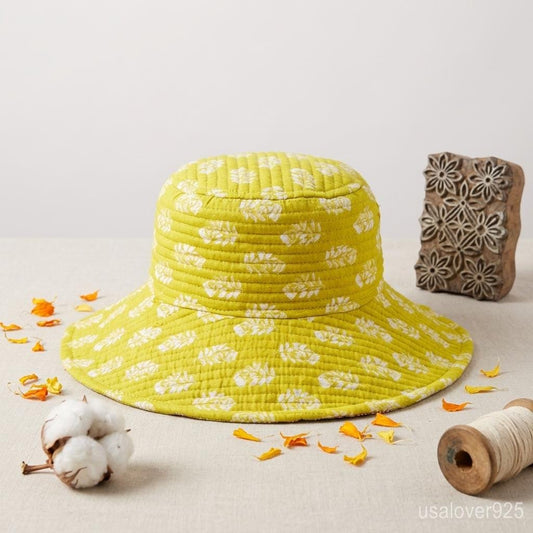 Light Green Quilted Cotton Bucket Hat, Reversible Handmade Boho Summer Beach Cap - Taxocrafts