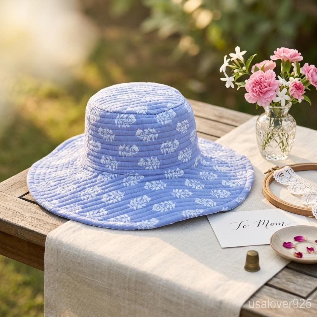 Sky Blue Quilted Cotton Bucket Hat, Reversible Handmade Boho Summer Beach Cap
