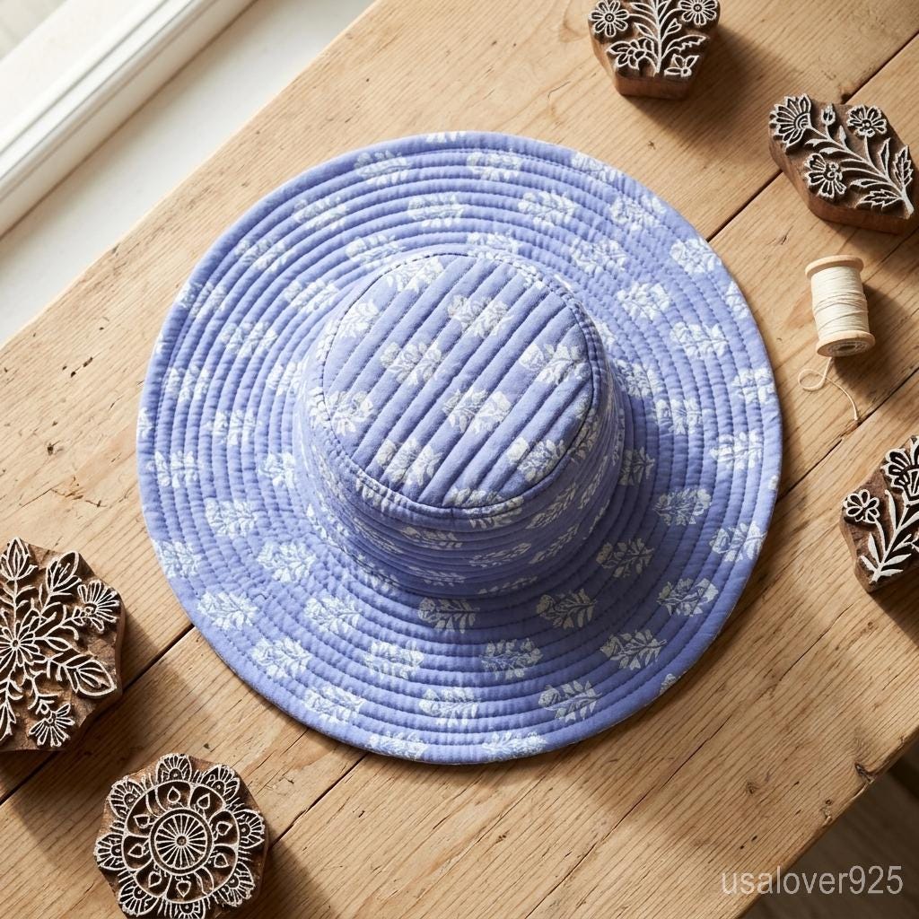 Sky Blue Quilted Cotton Bucket Hat, Reversible Handmade Boho Summer Beach Cap