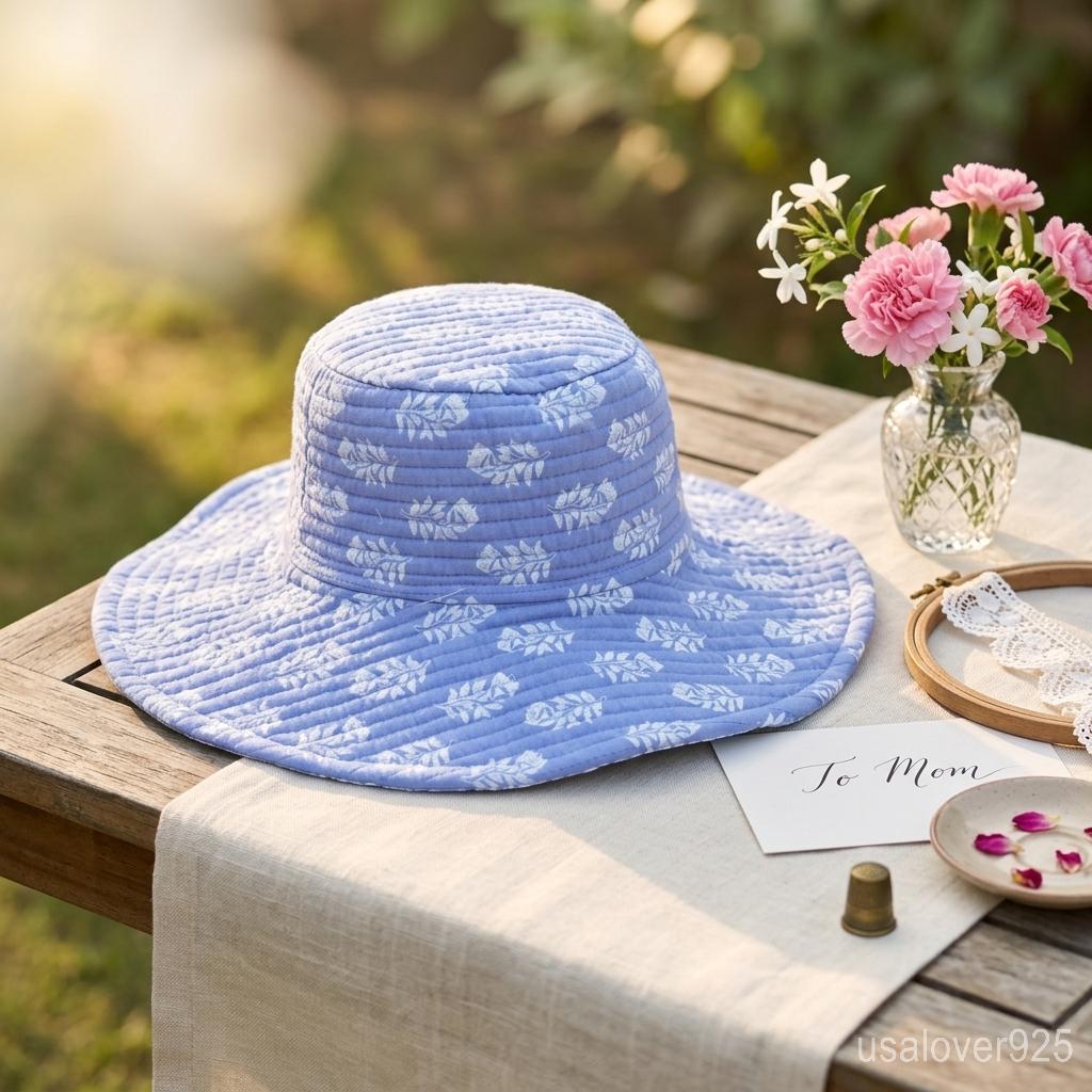 Sky Blue Quilted Cotton Bucket Hat, Reversible Handmade Boho Summer Beach Cap
