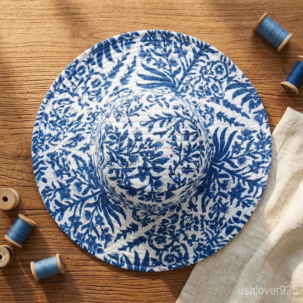 Blue Block Print Quilted Cotton Bucket Hat, Reversible Handmade Boho Summer Sun Cap