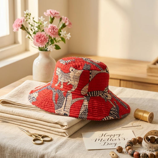Red Block Print Quilted Cotton Bucket Hat, Reversible Handmade Boho Summer Sun Cap - Taxocrafts