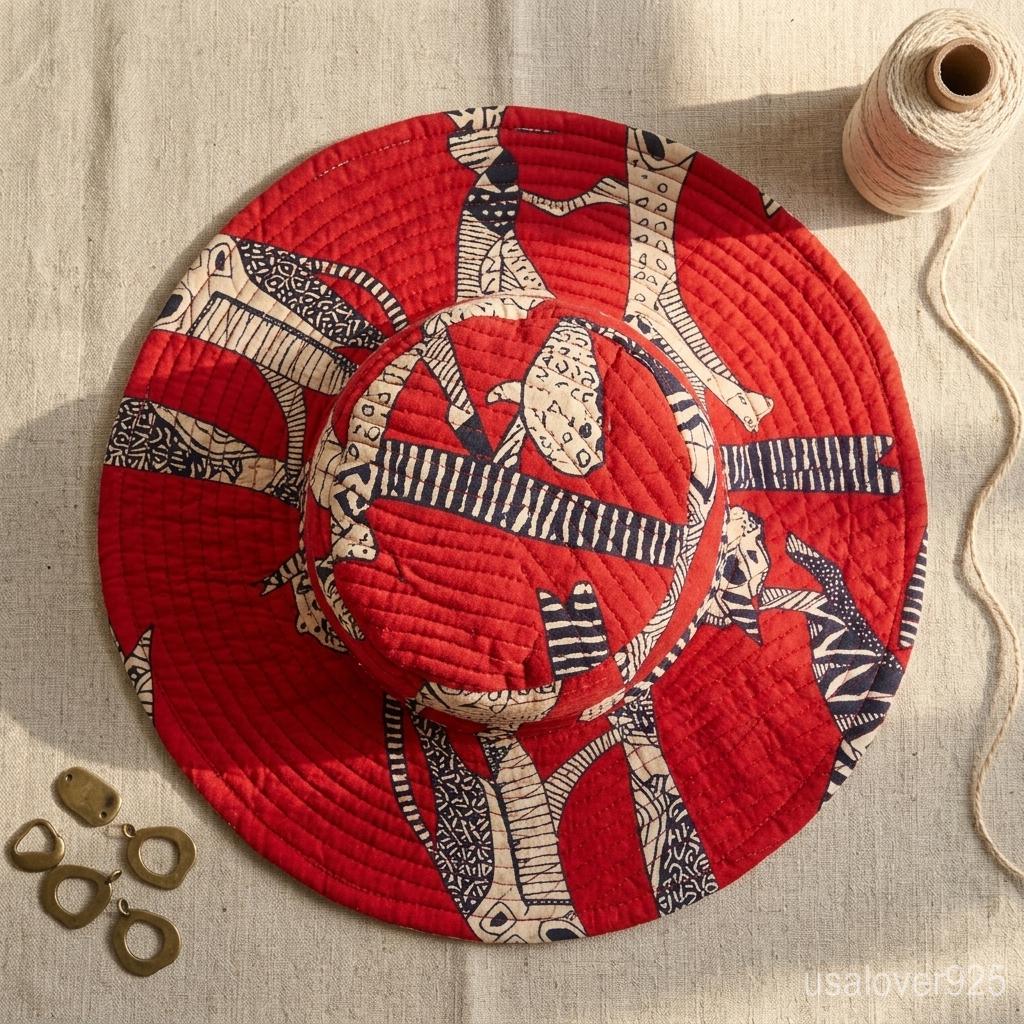 Red Block Print Quilted Cotton Bucket Hat, Reversible Handmade Boho Summer Sun Cap