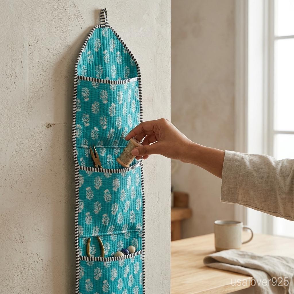 Firozi Floral Quilted Cotton Wall Organizer, 3-Pocket Hanging Storage for Home Decor
