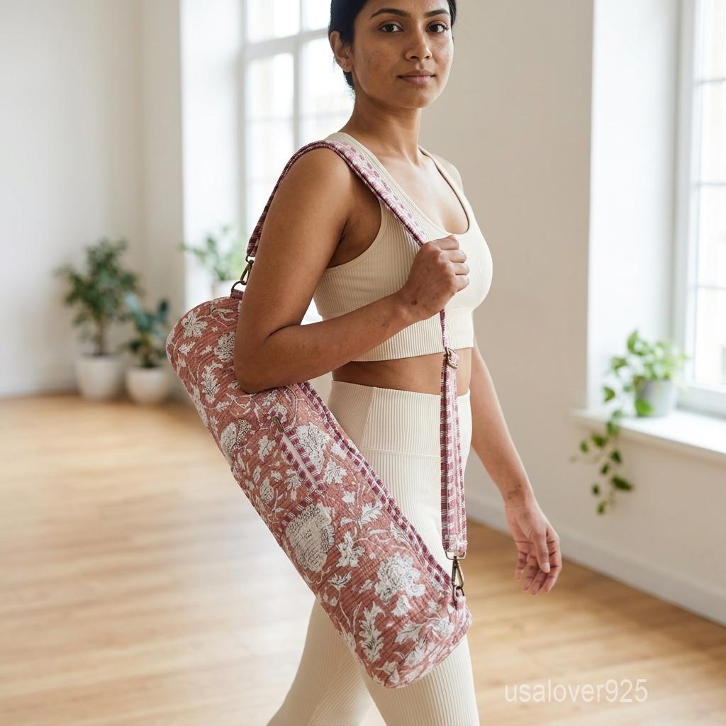 Floral Quilted Yoga Mat Bag, Handmade Cotton Boho Yoga Carrier with Pocket