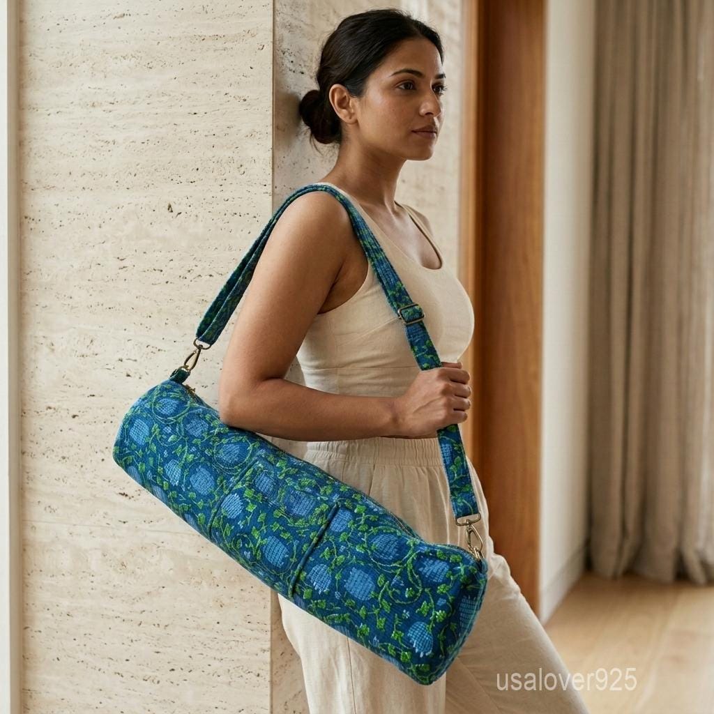 Blue Floral Quilted Yoga Mat Bag, Handmade Cotton Yoga Carrier with Zipper Pocket