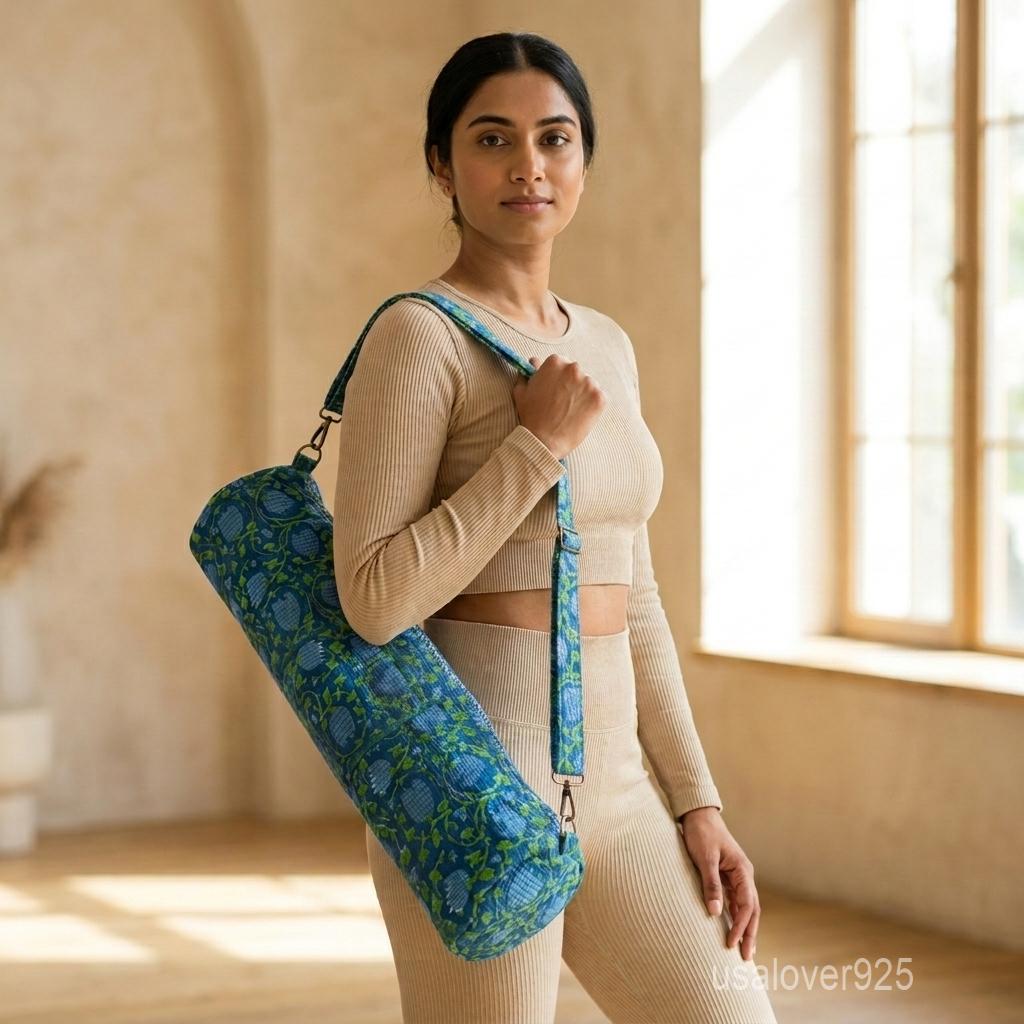 Blue Floral Quilted Yoga Mat Bag, Handmade Cotton Yoga Carrier with Zipper Pocket