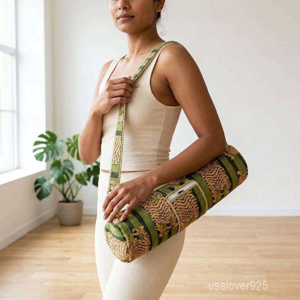 Tiger Print Quilted Cotton Yoga Mat Bag, Handmade Boho Adjustable Sling Carrier