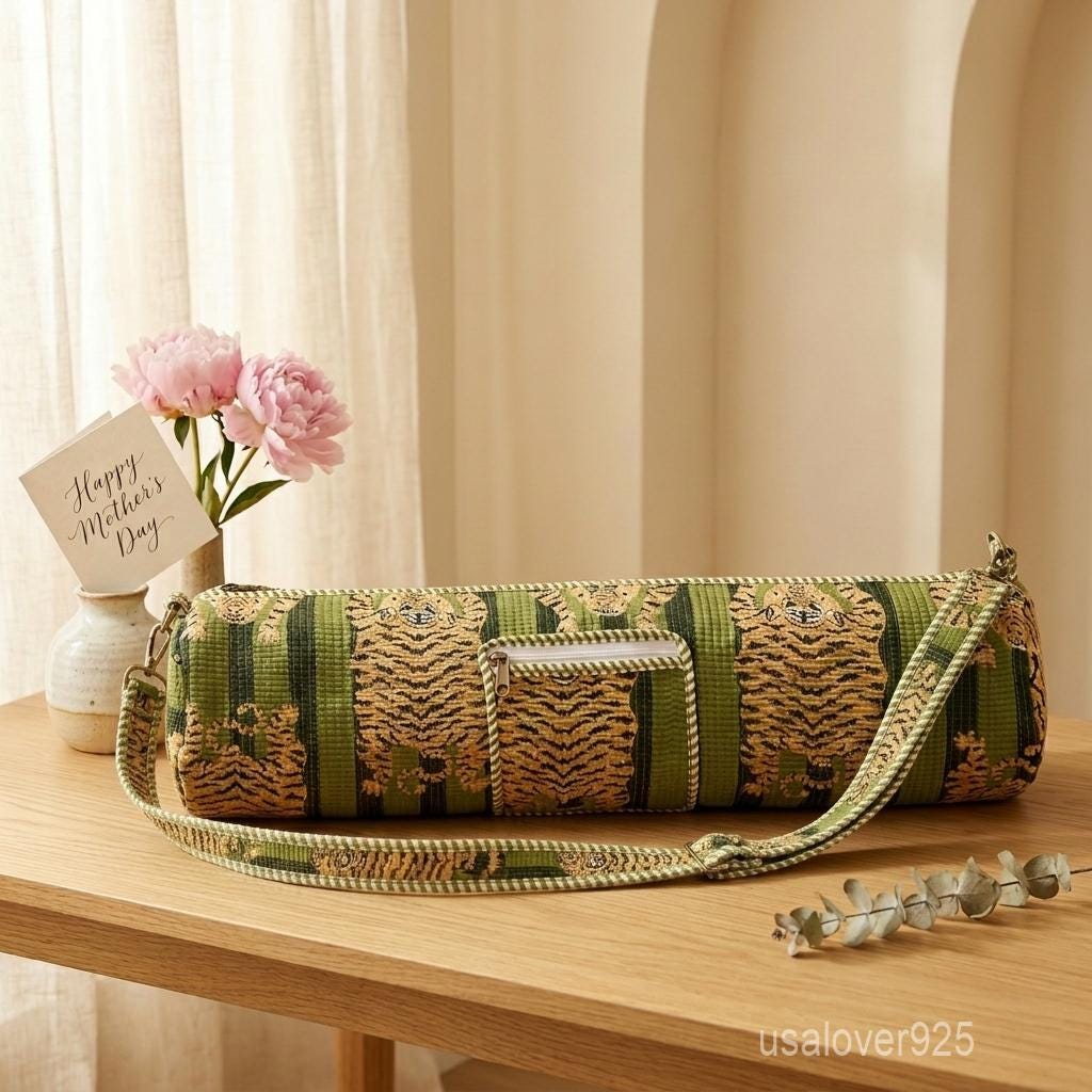 Tiger Print Quilted Cotton Yoga Mat Bag, Handmade Boho Adjustable Sling Carrier