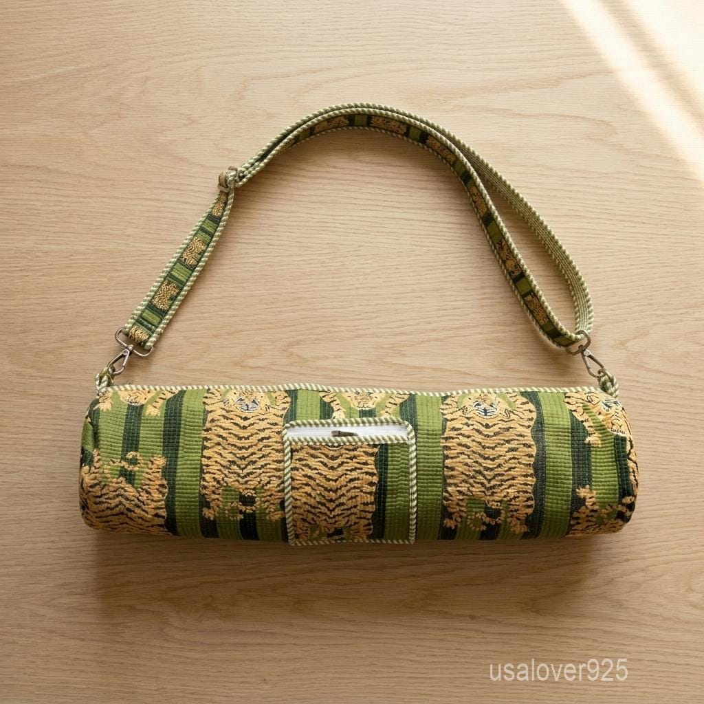 Tiger Print Quilted Cotton Yoga Mat Bag, Handmade Boho Adjustable Sling Carrier