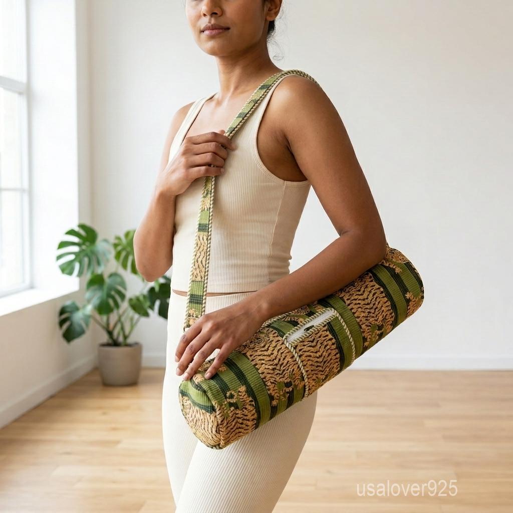 Tiger Print Quilted Cotton Yoga Mat Bag, Handmade Boho Adjustable Sling Carrier