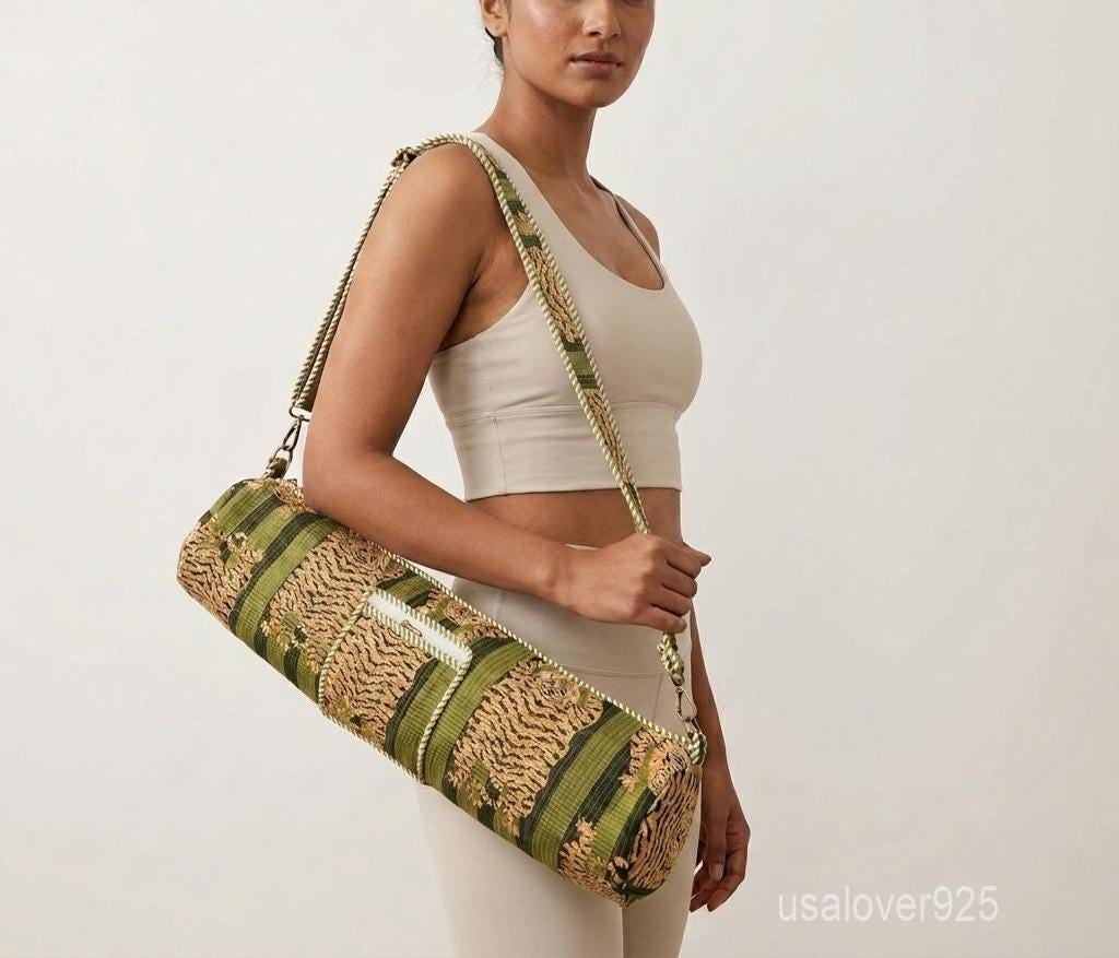 Tiger Print Quilted Cotton Yoga Mat Bag, Handmade Boho Adjustable Sling Carrier