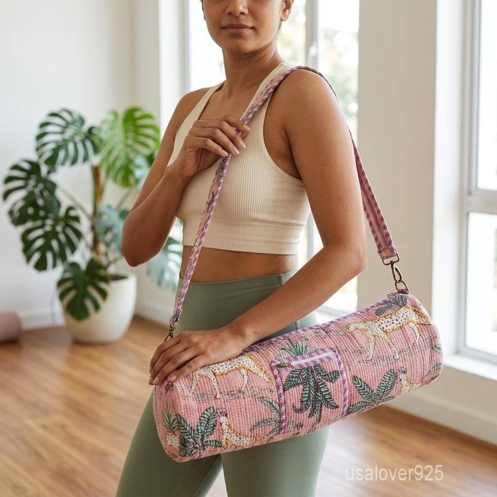 Pink Quilted Cotton Yoga Mat Bag with Block Print Horse Design and Strap