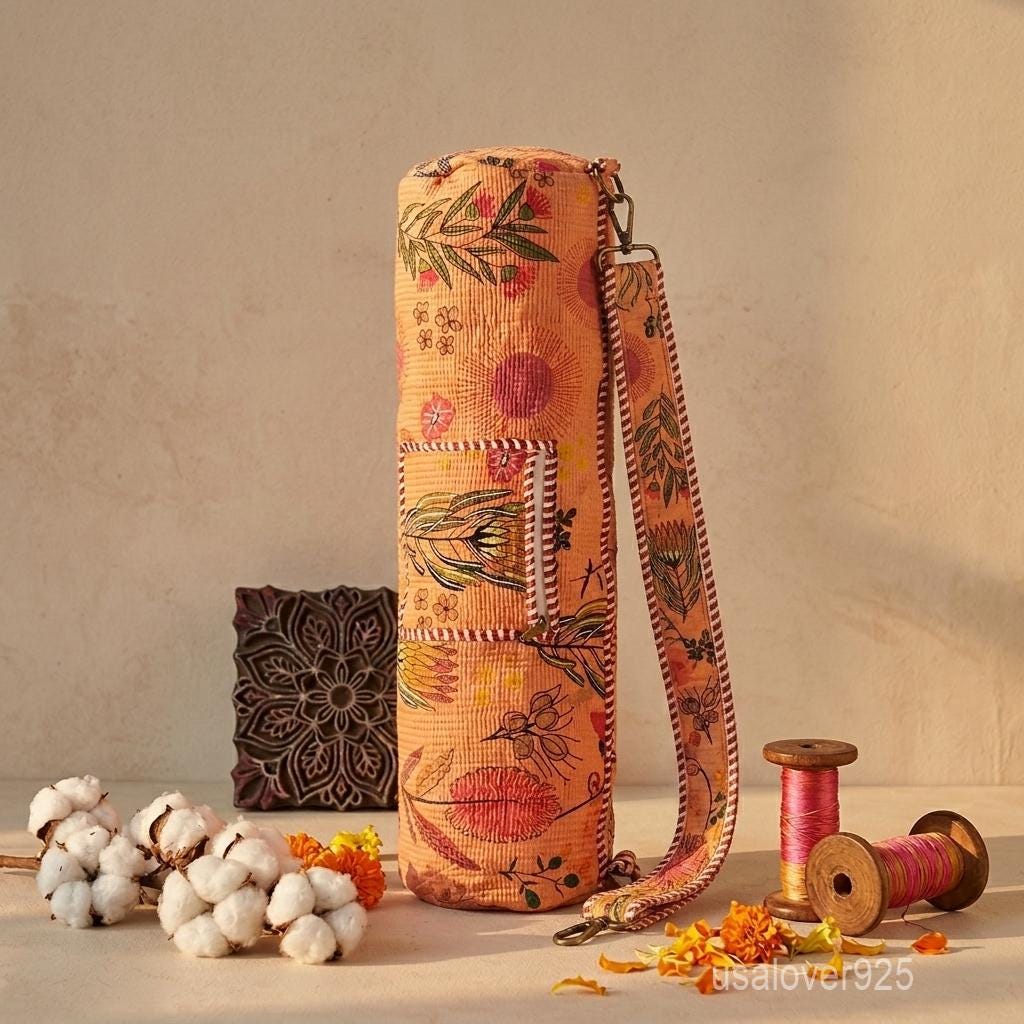 Floral Cotton Yoga Mat Bag with Adjustable Strap and Secure Zipper Closure