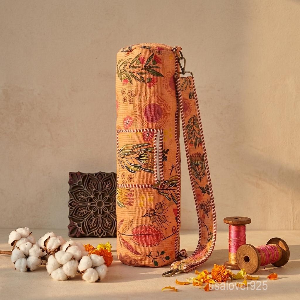 Floral Cotton Yoga Mat Bag with Adjustable Strap and Secure Zipper Closure