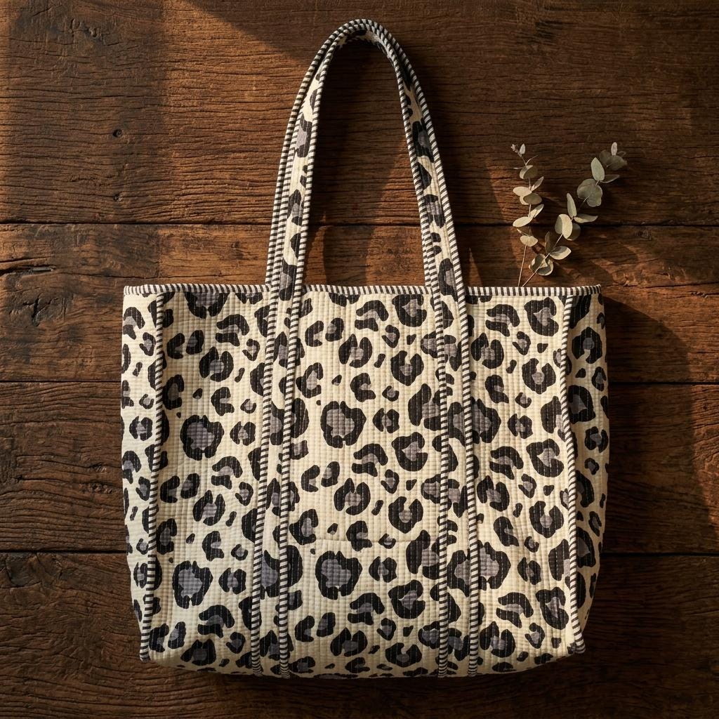 Quilted Leopard Print Cotton Tote Bag Handmade Animal Pattern Large Shoulder Market Bag Gift