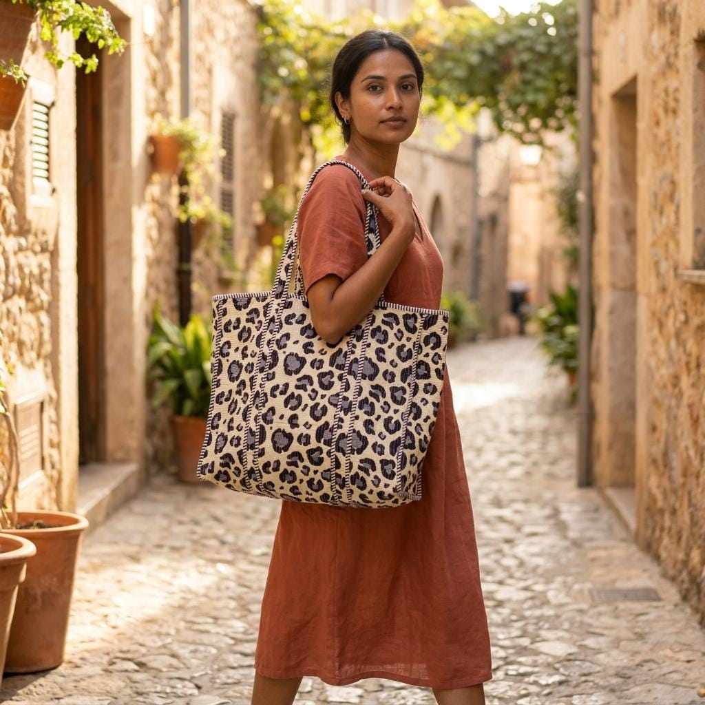 Quilted Leopard Print Cotton Tote Bag Handmade Animal Pattern Large Shoulder Market Bag Gift