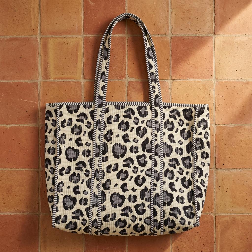 Quilted Leopard Print Cotton Tote Bag Handmade Animal Pattern Large Shoulder Market Bag Gift