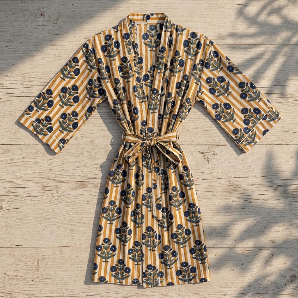 Women Mustard Yellow Cotton Kimono Robe Blue Floral Block Print Stripe Belted Lounge