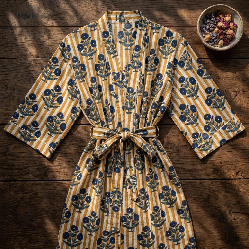 Women Mustard Yellow Cotton Kimono Robe Blue Floral Block Print Stripe Belted Lounge
