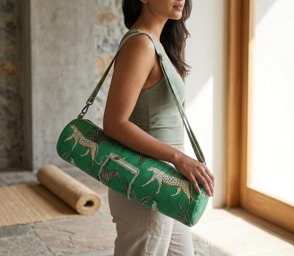 Green Animal Print Quilted Cotton Yoga Mat Bag with Adjustable Strap and Pocket