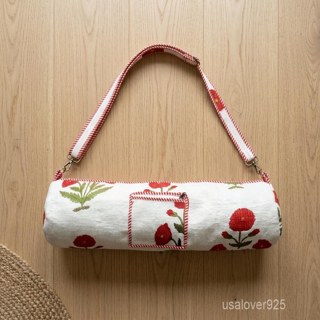 Red Floral Block Print Quilted Cotton Yoga Mat Bag with Adjustable Strap and Pocket