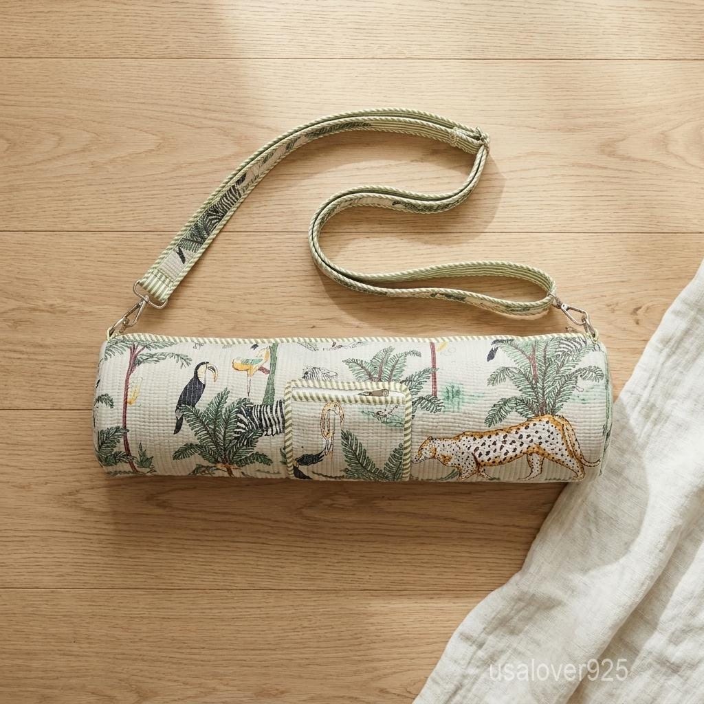 Quilted Cotton Yoga Mat Carrier, Wild Cat Print Sling, Gym Tote Holder