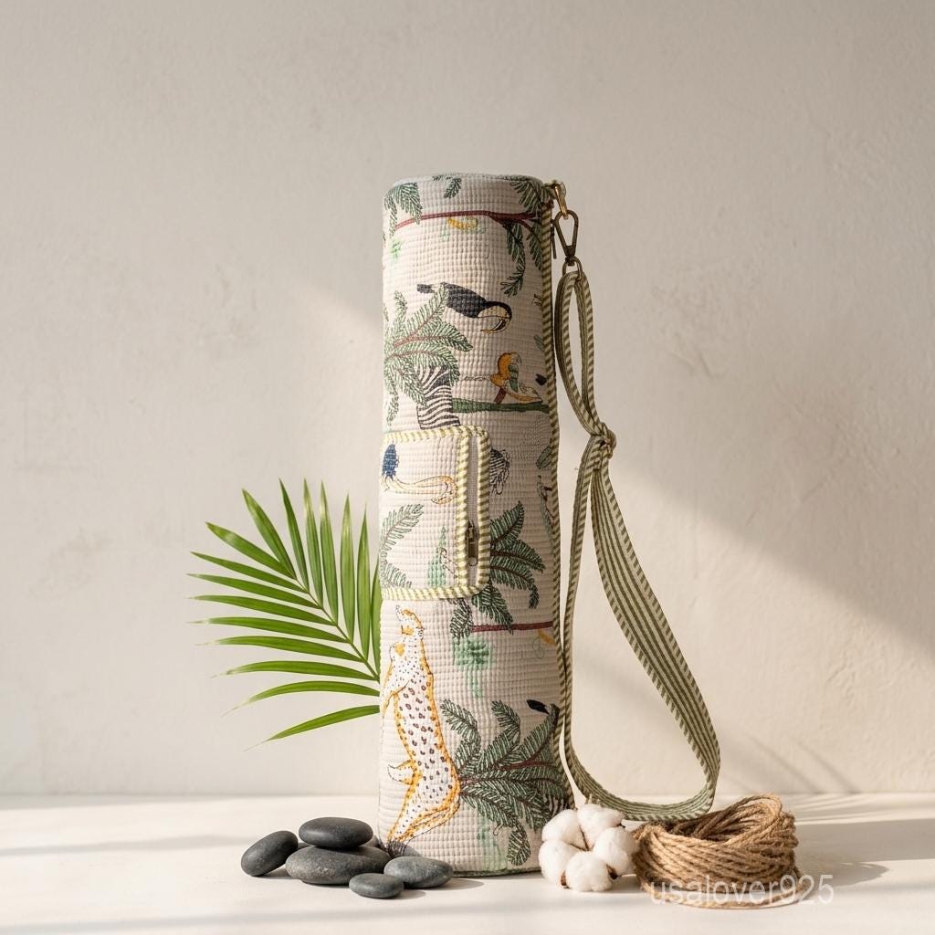 Quilted Cotton Yoga Mat Carrier, Wild Cat Print Sling, Gym Tote Holder