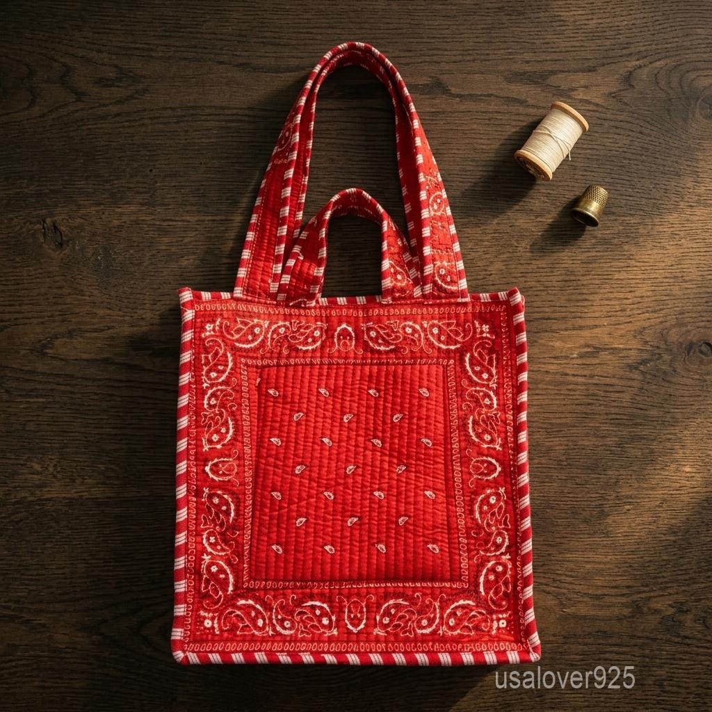 Red Bandana Quilted Tote Bag with Paisley Print and Double Handle Shoulder Straps