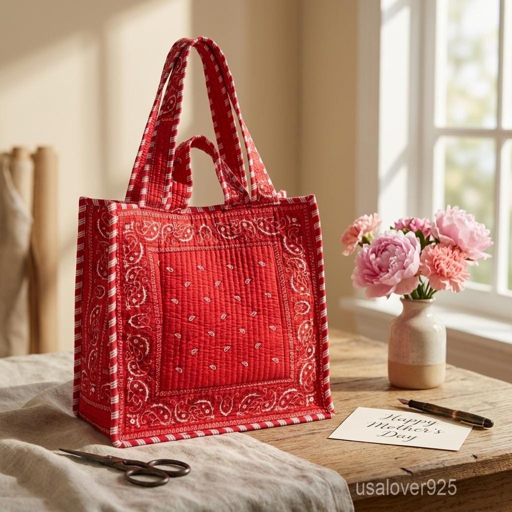 Red Bandana Quilted Tote Bag with Paisley Print and Double Handle Shoulder Straps