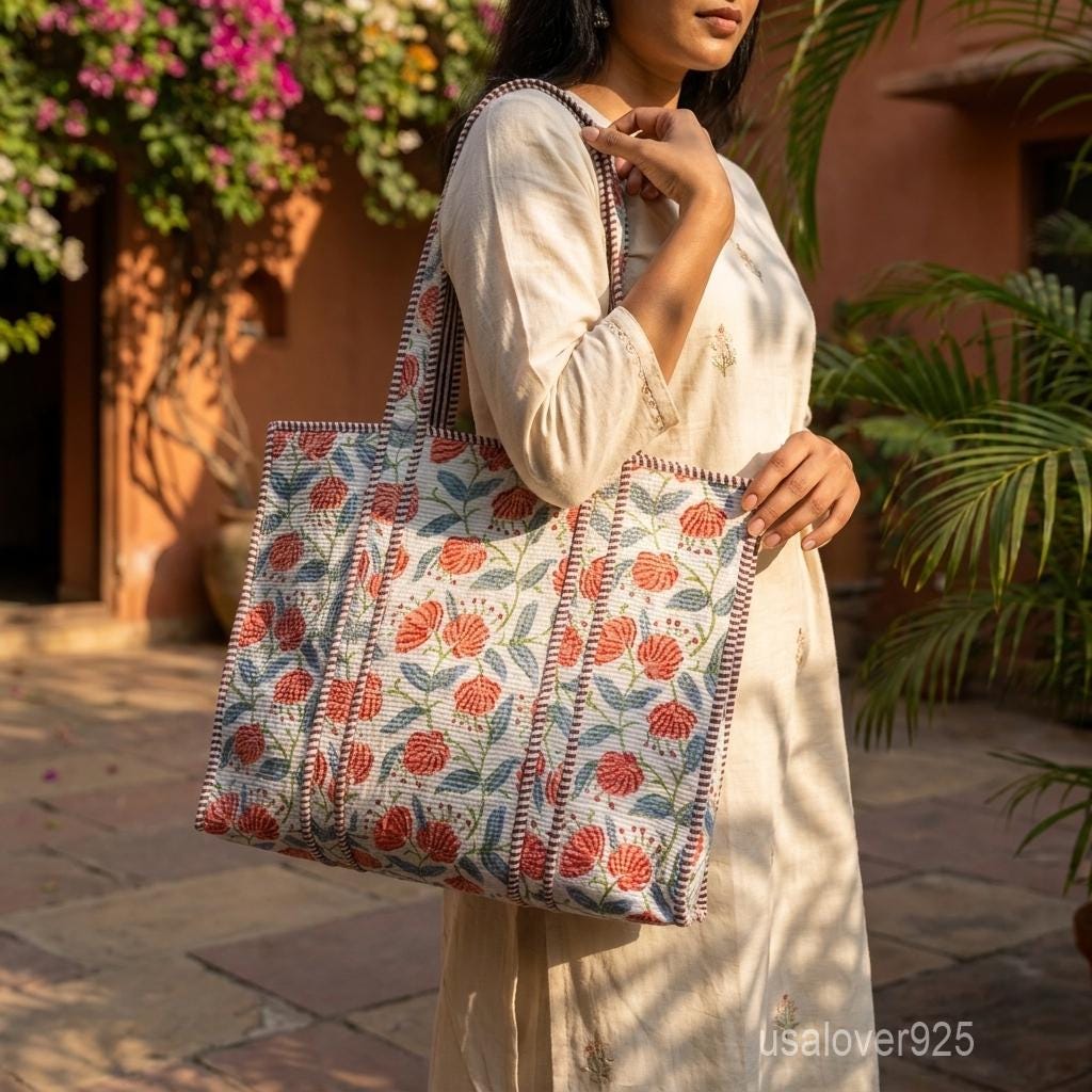 Blue Floral Block Print Quilted Indian Cotton Tote Bag with Large Shoulder Straps