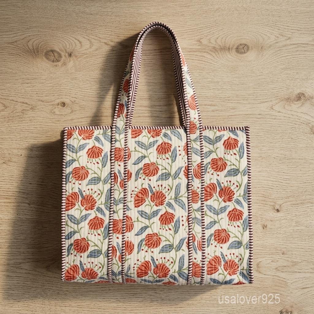 Blue Floral Block Print Quilted Indian Cotton Tote Bag with Large Shoulder Straps