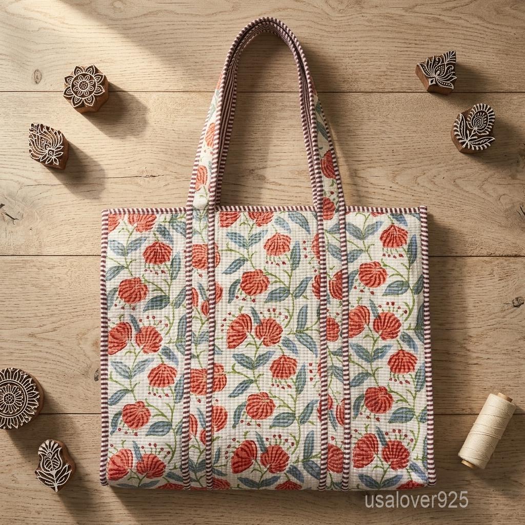 Blue Floral Block Print Quilted Indian Cotton Tote Bag with Large Shoulder Straps