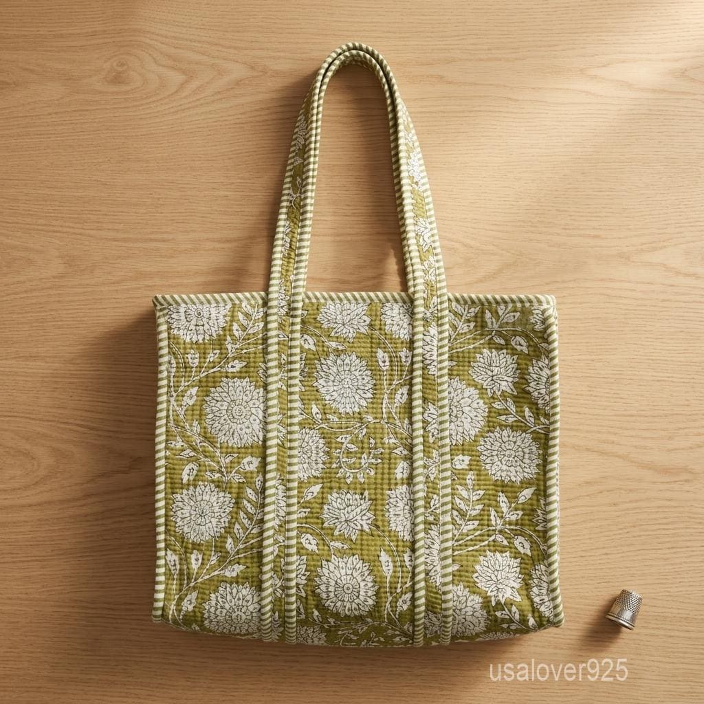 Green Floral Quilted Cotton Tote Bag with Block Print Design and Striped Straps