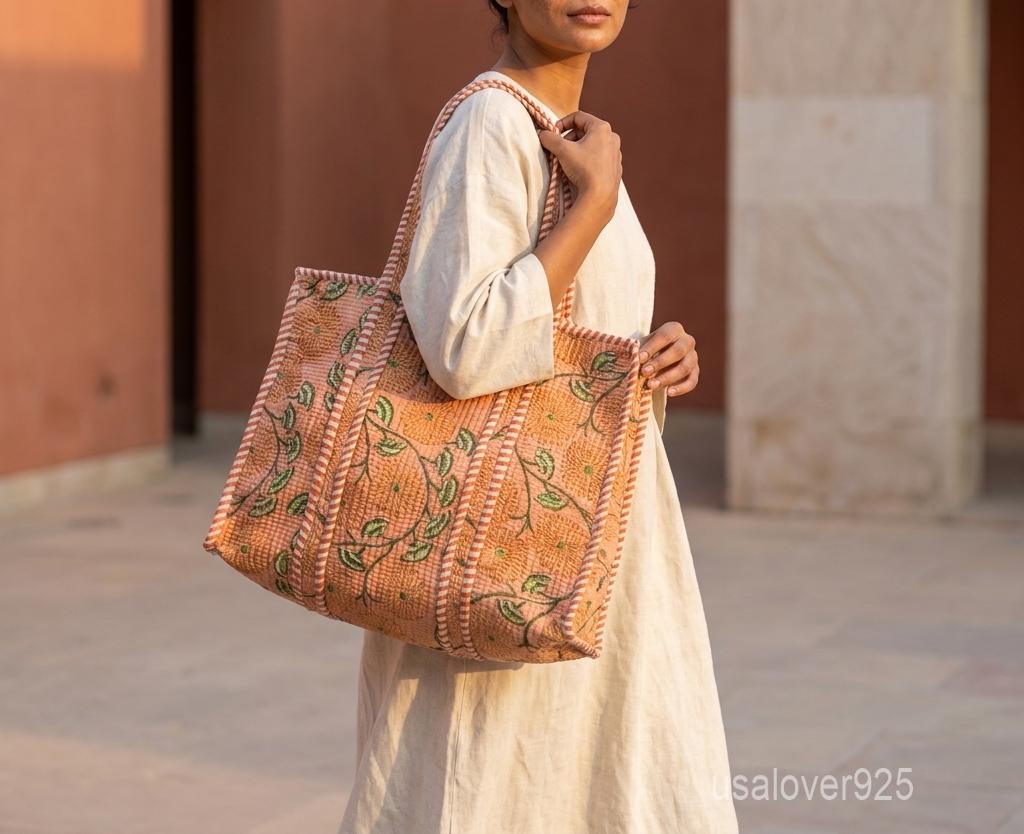 Quilted Floral Block Print Cotton Tote Bag with Striped Handles and Earthy Tones