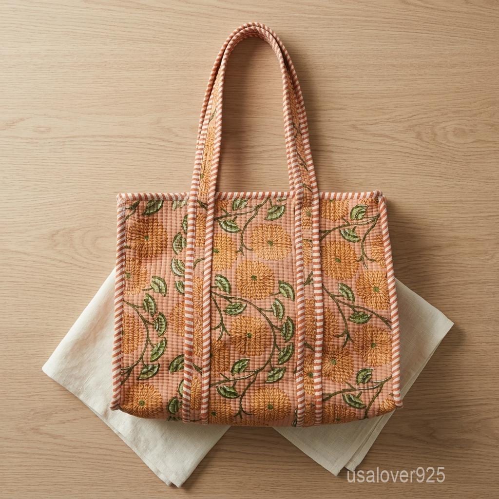 Quilted Floral Block Print Cotton Tote Bag with Striped Handles and Earthy Tones