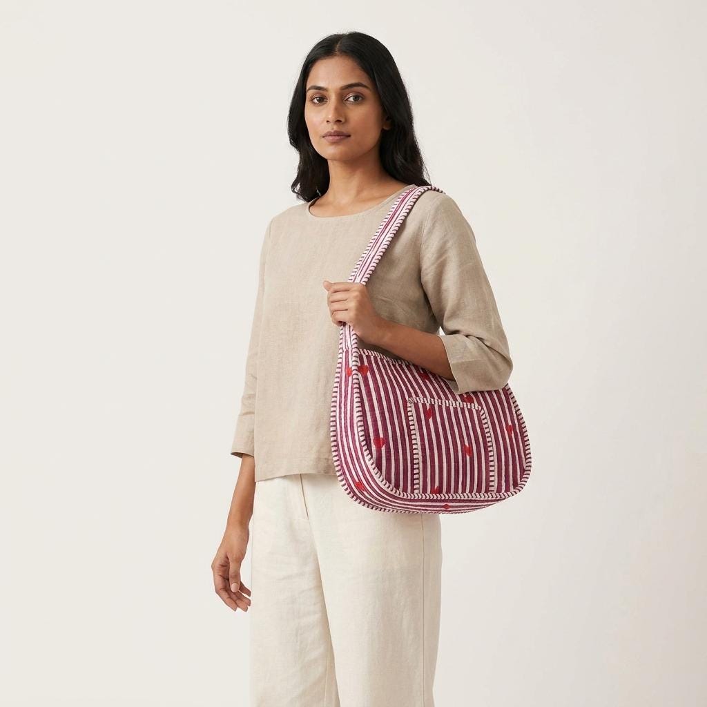 Quilted Striped Cotton Shoulder Bag Red Heart Pattern Handmade Makeup Tote Gift For Her