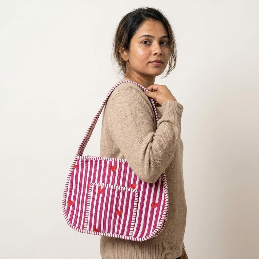 Quilted Striped Cotton Shoulder Bag Red Heart Pattern Handmade Makeup Tote Gift For Her