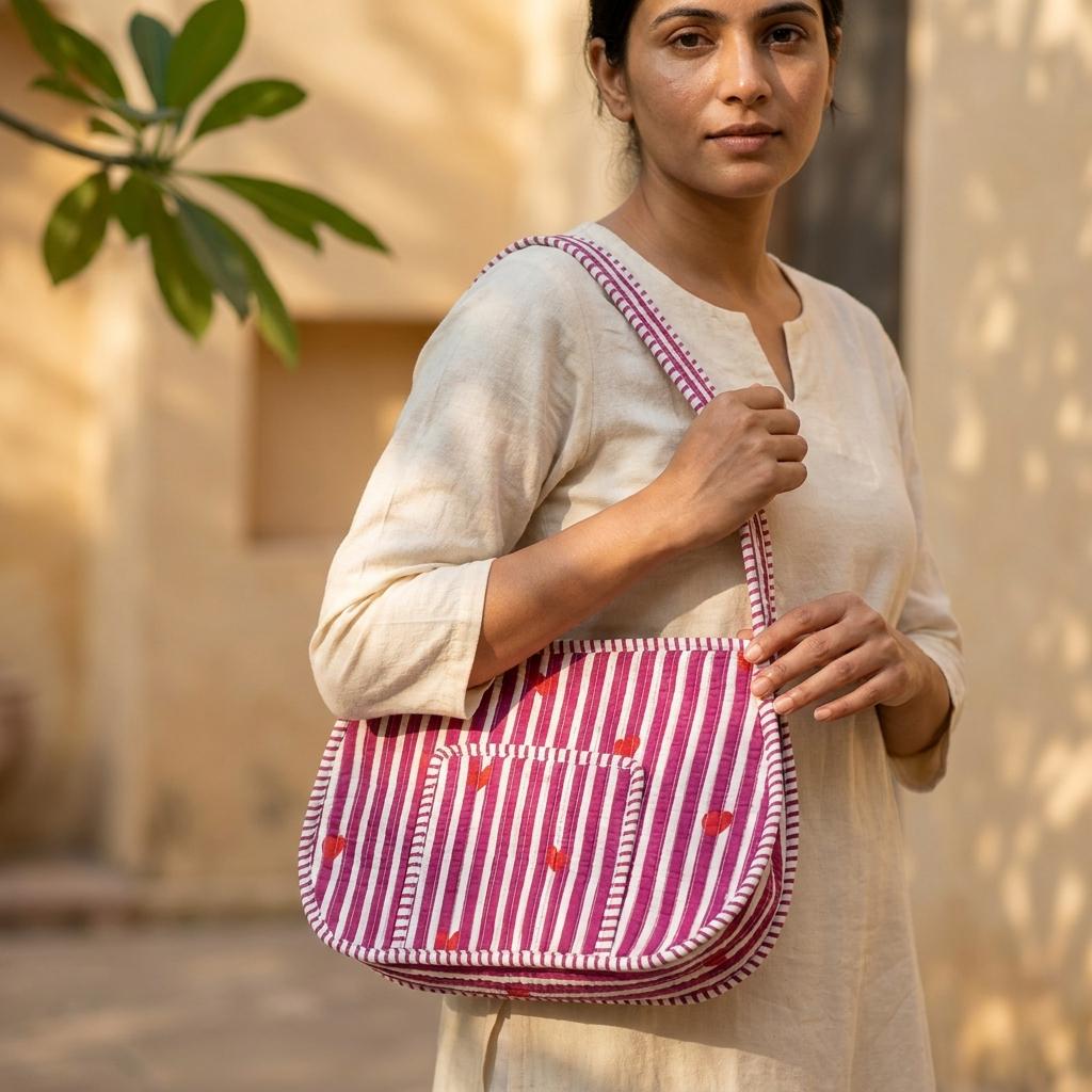 Quilted Striped Cotton Shoulder Bag Red Heart Pattern Handmade Makeup Tote Gift For Her
