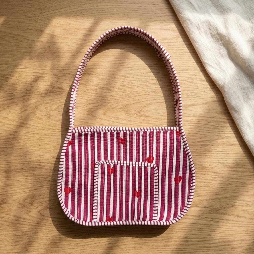 Quilted Striped Cotton Shoulder Bag Red Heart Pattern Handmade Makeup Tote Gift For Her