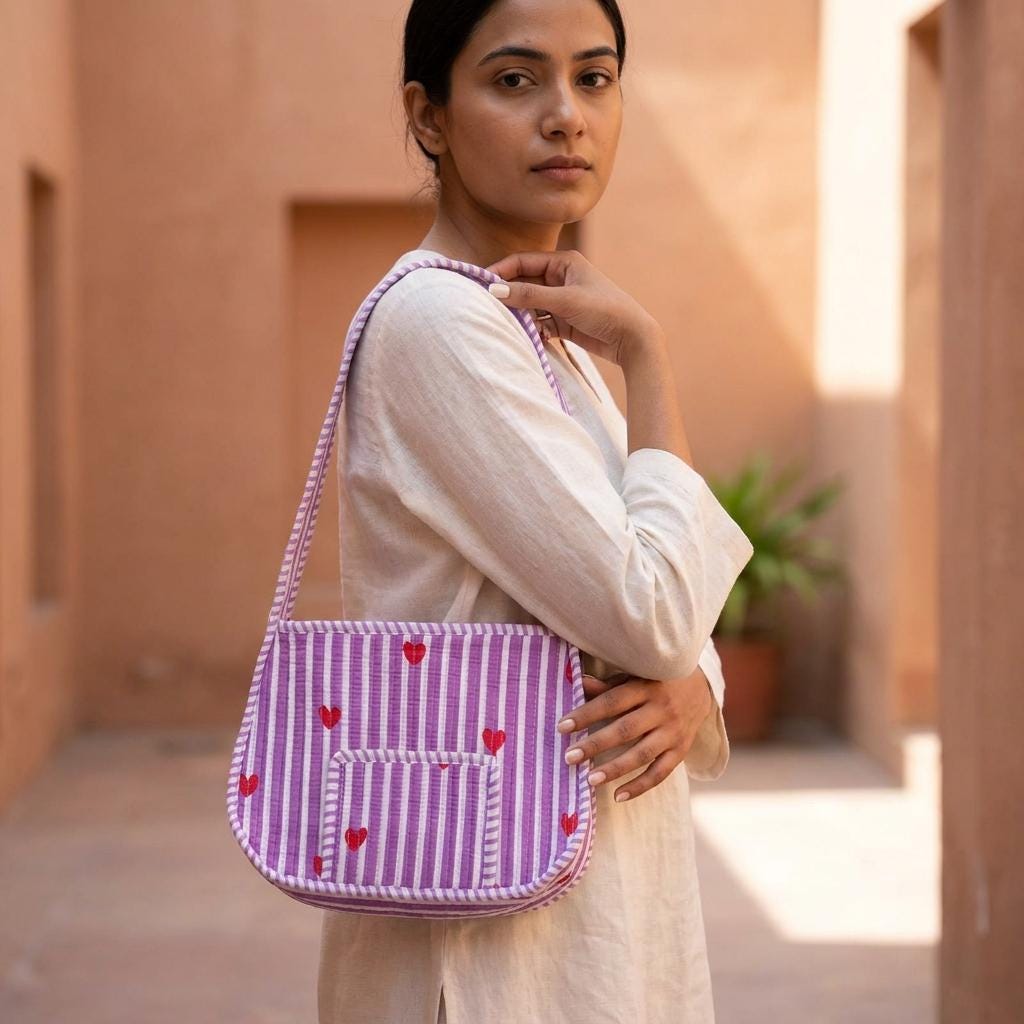 Quilted Purple Striped Cotton Shoulder Bag Red Heart Pattern Handmade Makeup Tote Gift