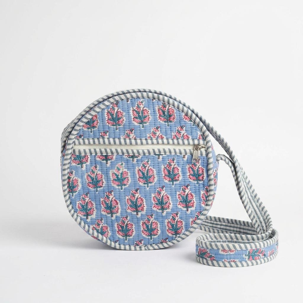 Quilted Blue Floral Cotton Crossbody Bag Round Circle Shoulder Purse Hand Block Print Gift