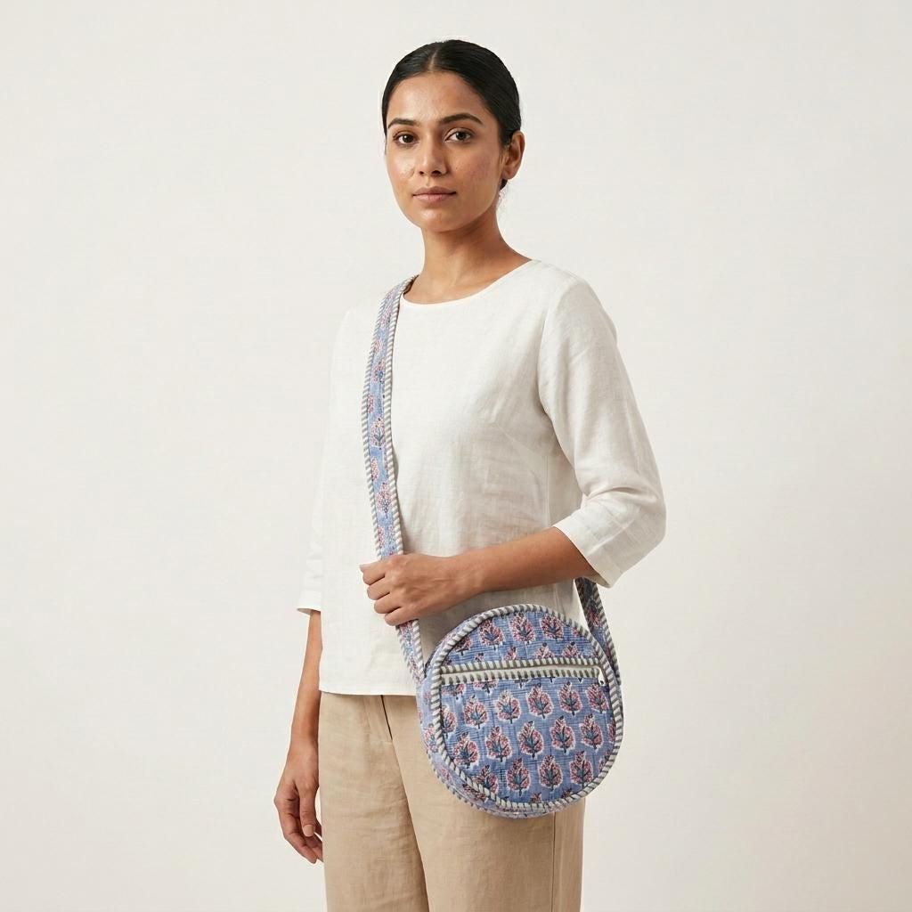 Quilted Blue Floral Cotton Crossbody Bag Round Circle Shoulder Purse Hand Block Print Gift