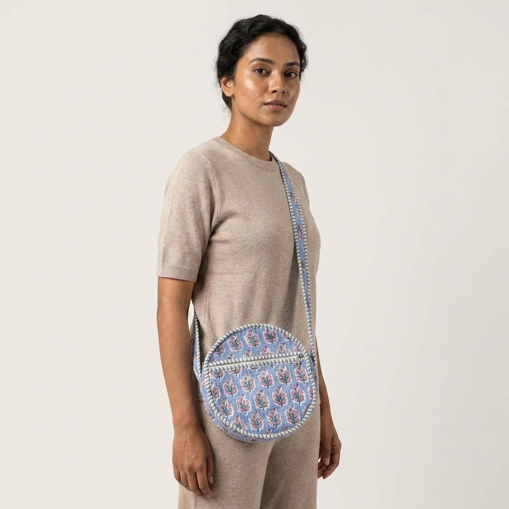 Quilted Blue Floral Cotton Crossbody Bag Round Circle Shoulder Purse Hand Block Print Gift